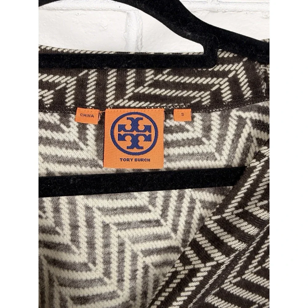 Tory Burch Chevron Knit Cardigan Sweater Brown Ivory Zip Logo Size Small